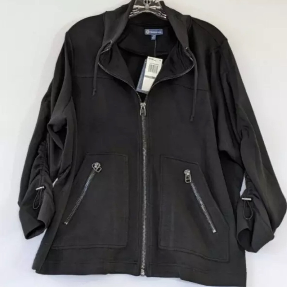 DEMOCRACY size 1X Jacket Black Stretch Tech Adjustable Ruched Sleeves Waist NEW